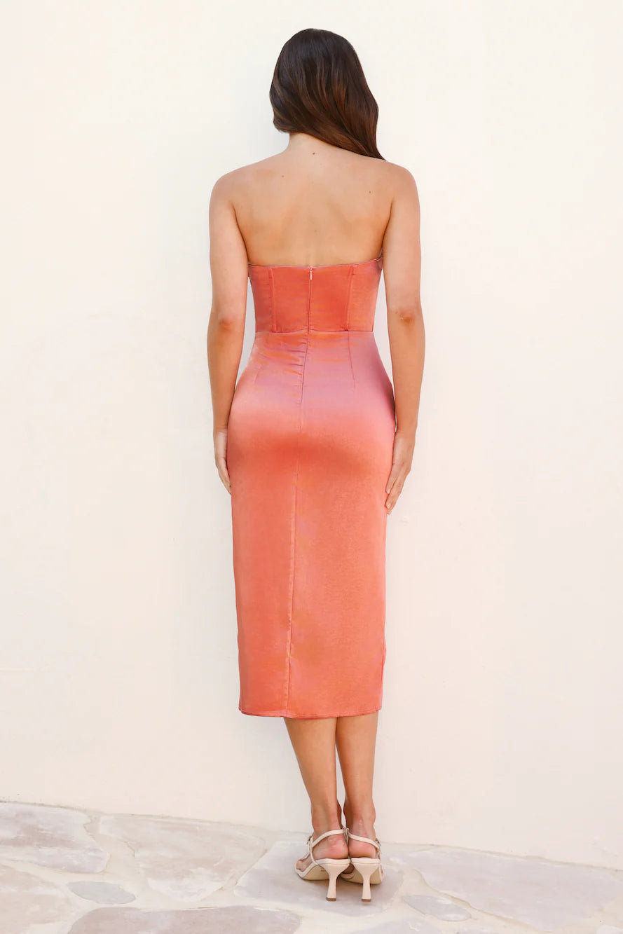 Dazzling Debutante Strapless Satin Midi Dress Rose