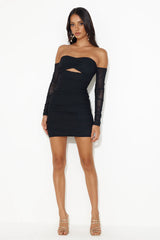 Music Moves Off The Shoulder Mesh Mini Dress Black